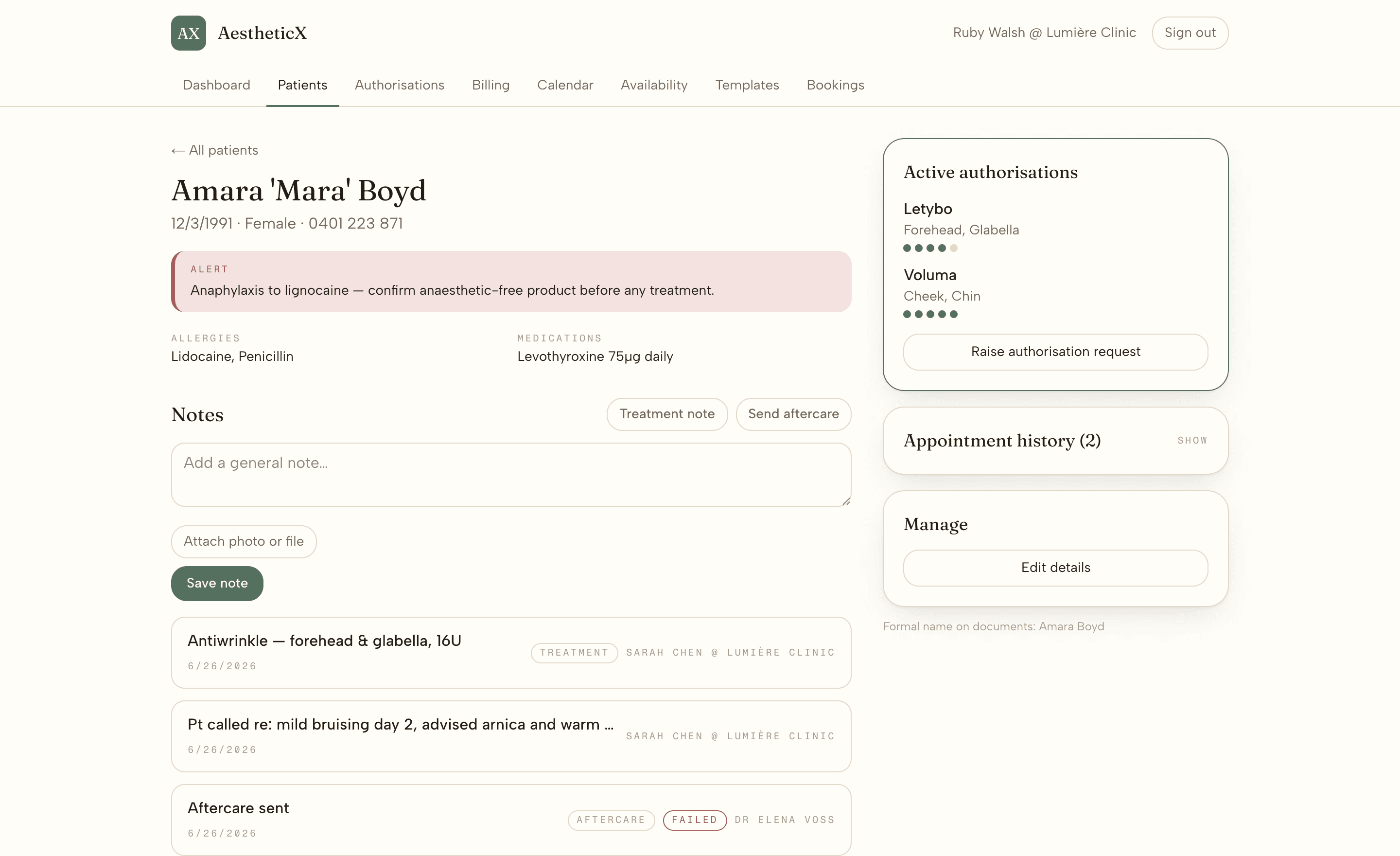 AestheticX patient file showing a clinical alert banner, allergies, active authorisations with repeats, and the note stream