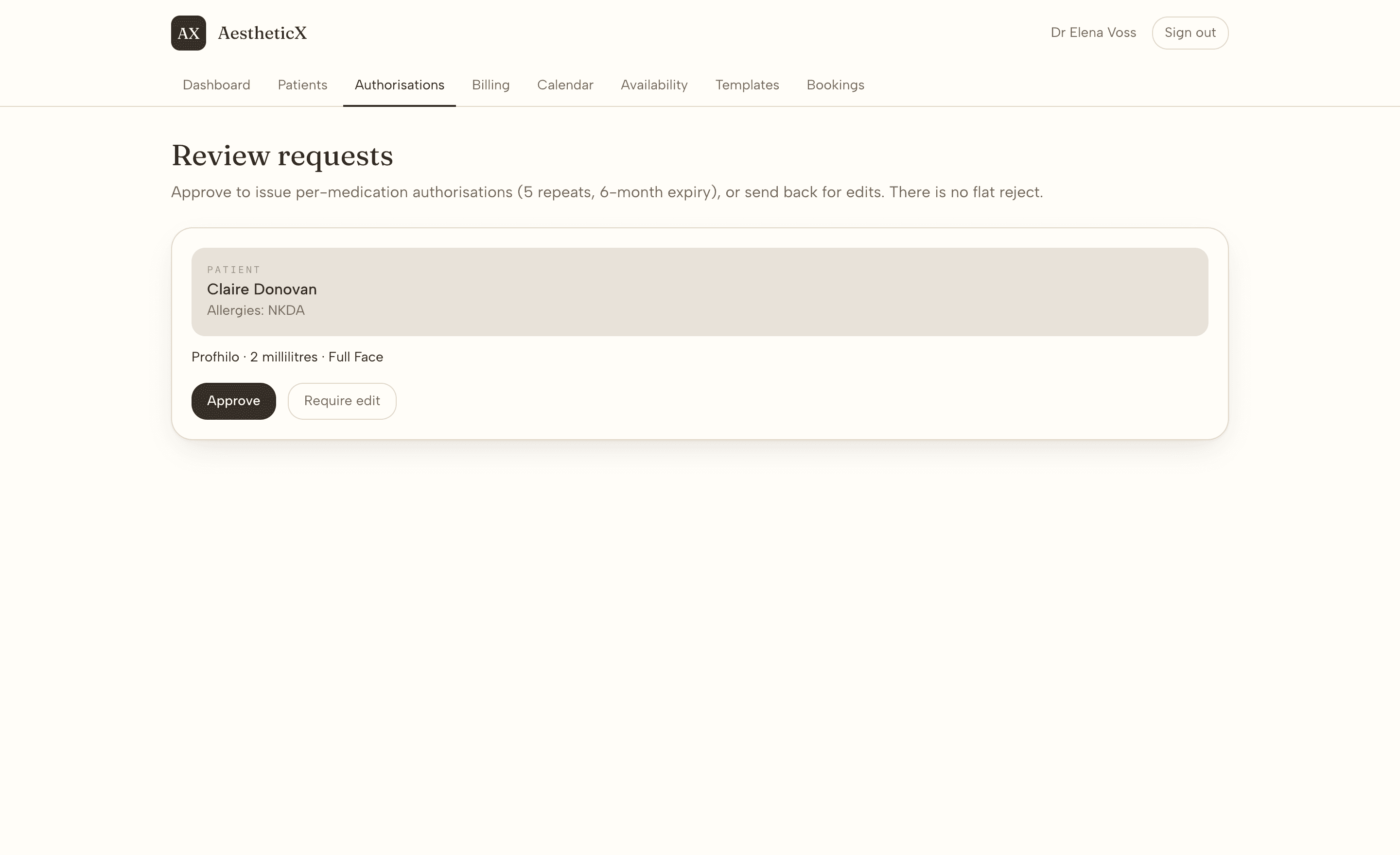 AestheticX doctor review queue showing a pending authorisation request with approve and require-edit actions
